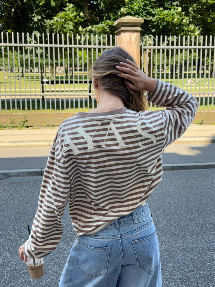 Lumi striped long-sleeved polo - Light brown/off-white