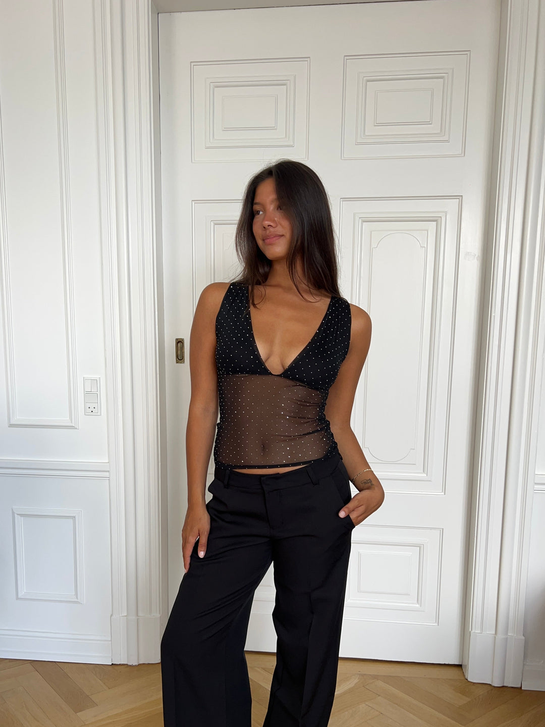 Francesca Rivet V-Neck Top - Black