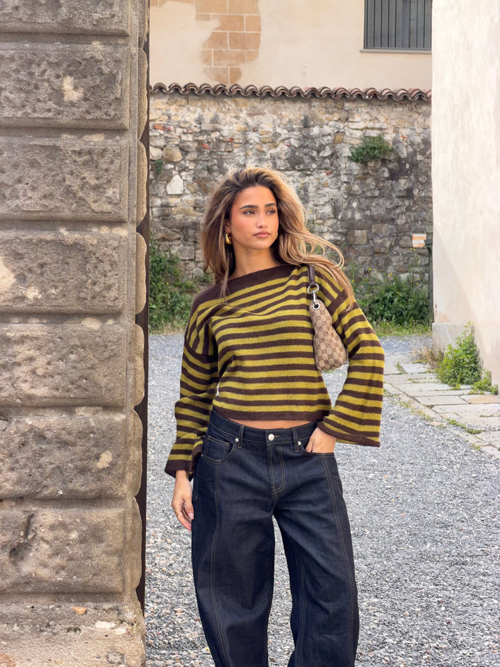Oline striped boat neck sweater - Brown/green
