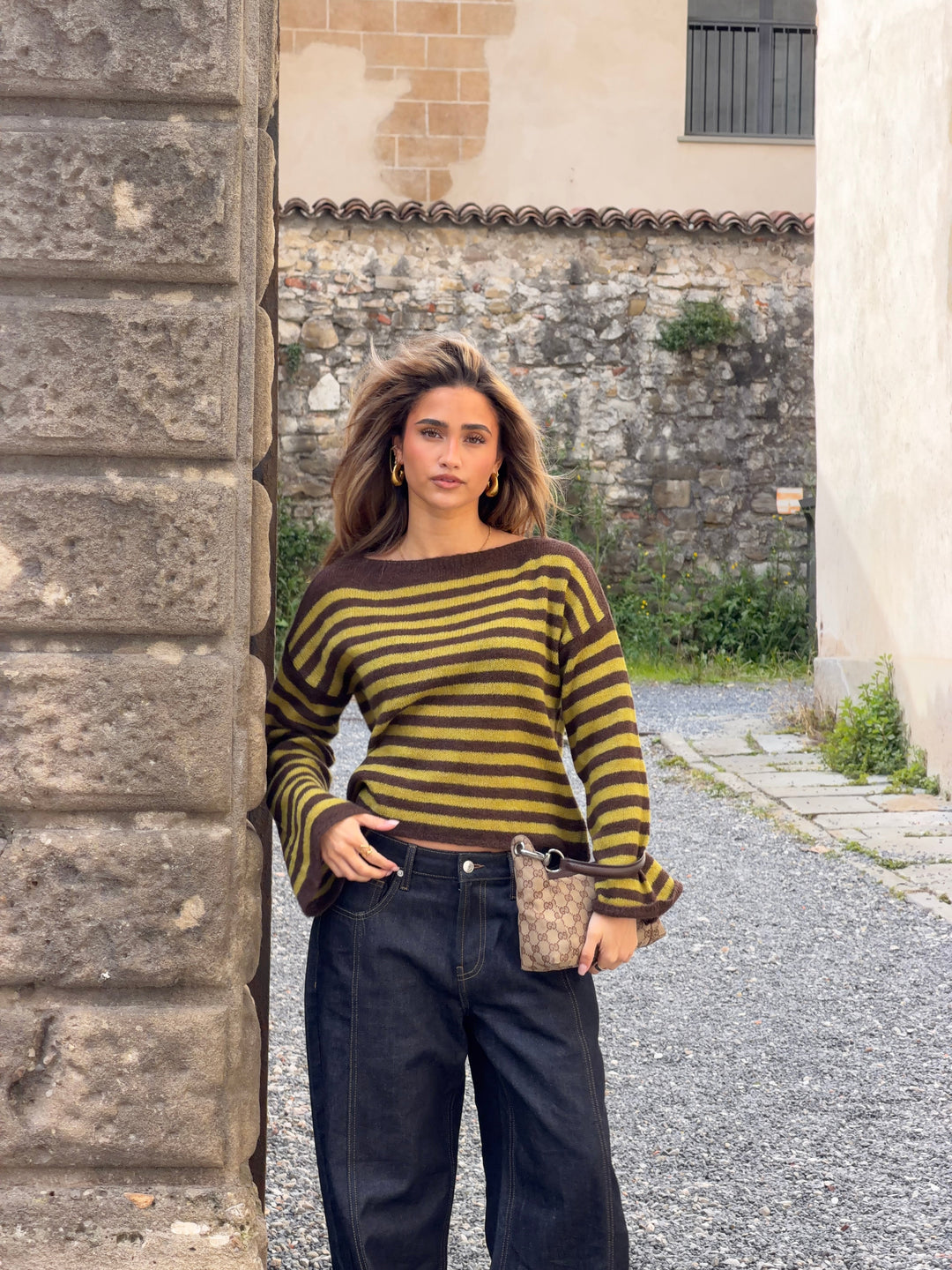 Oline striped boat neck sweater - Brown/green