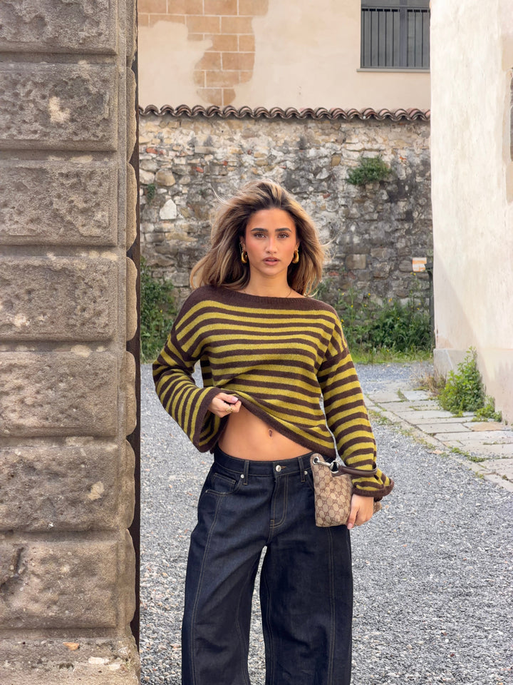 Oline striped boat neck sweater - Brown/green