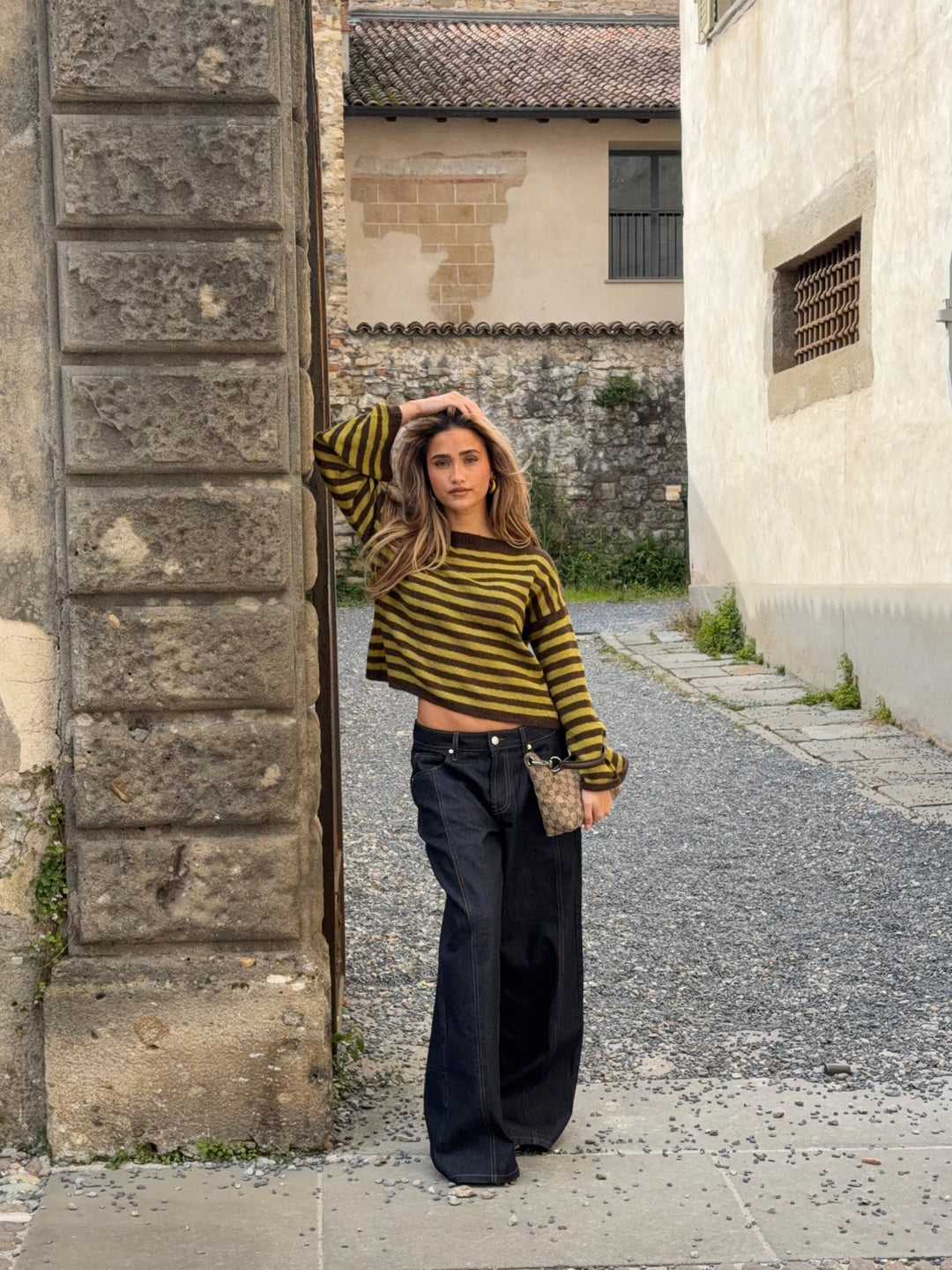 Oline striped boat neck sweater - Brown/green