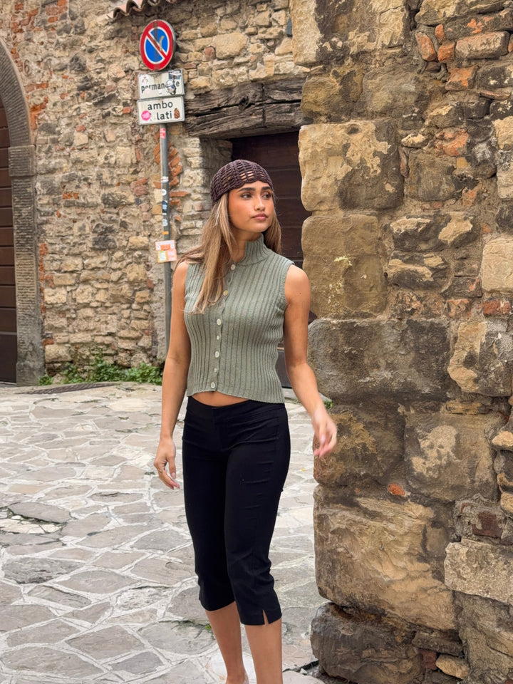 Sigga high neck button top - Sage