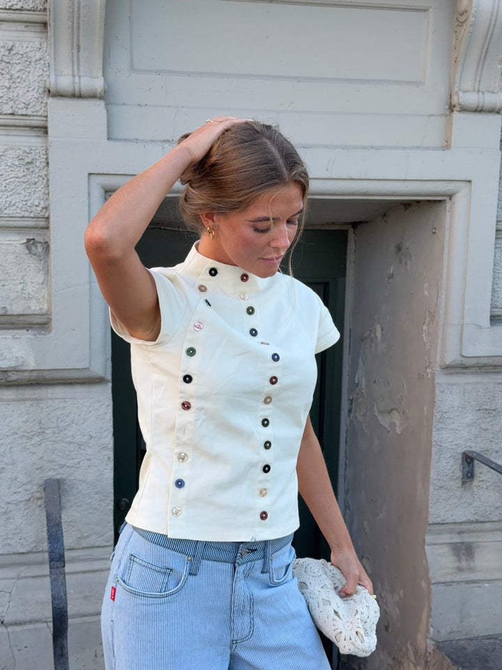 Kari button detail short-sleeved top - Cream white