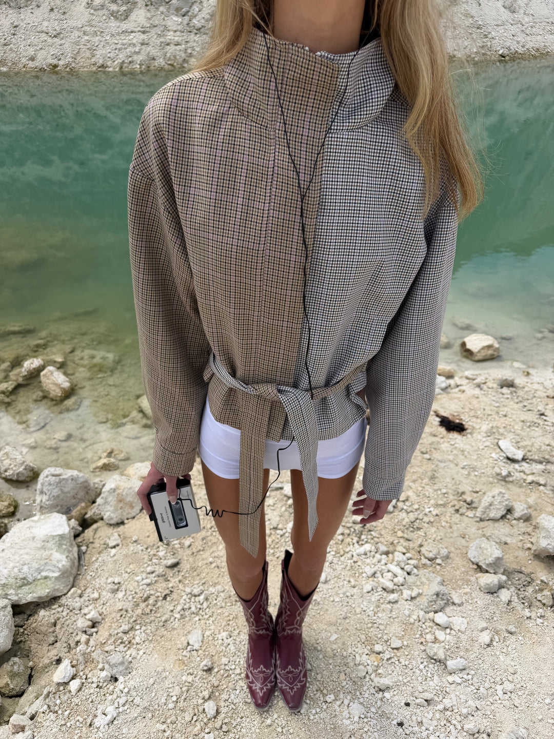 Melona checked high neck bomber jacket - Beige/brown