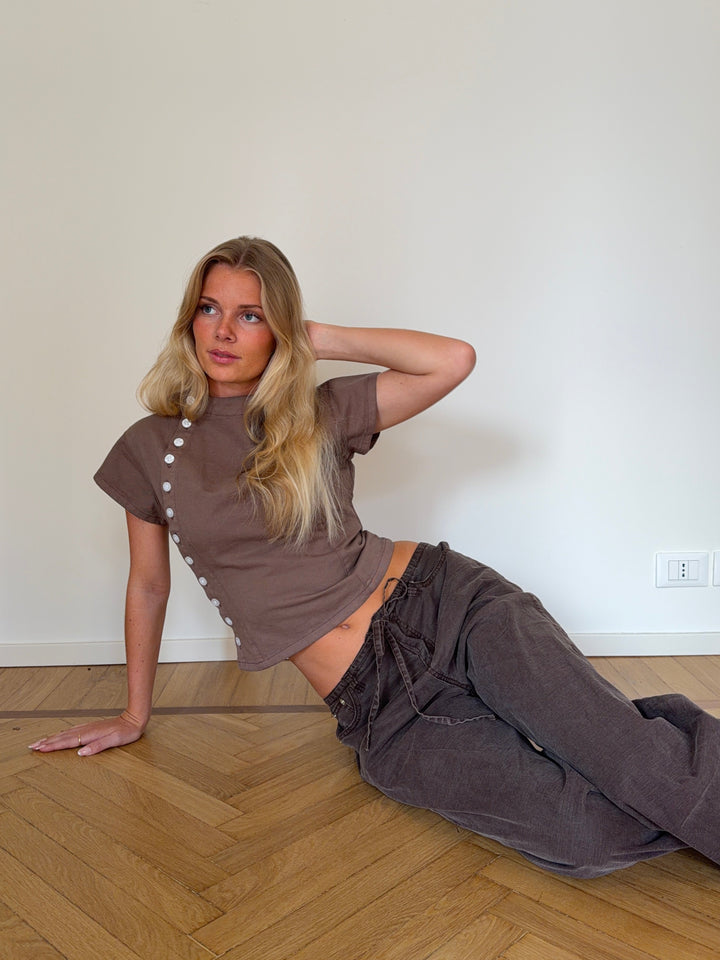 Kara fitted pearl high neck top - Brown