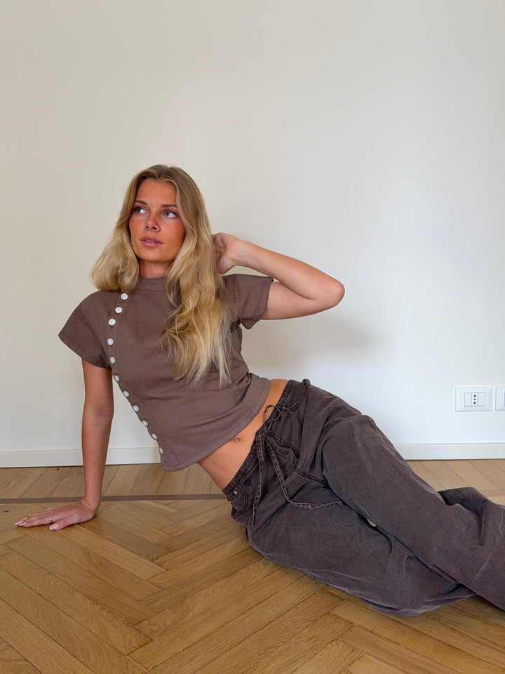 Kara fitted pearl high neck top - Brown