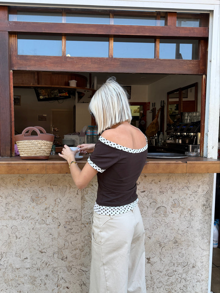 Vanja double layer off-the-shoulder t-shirt - Brown/white