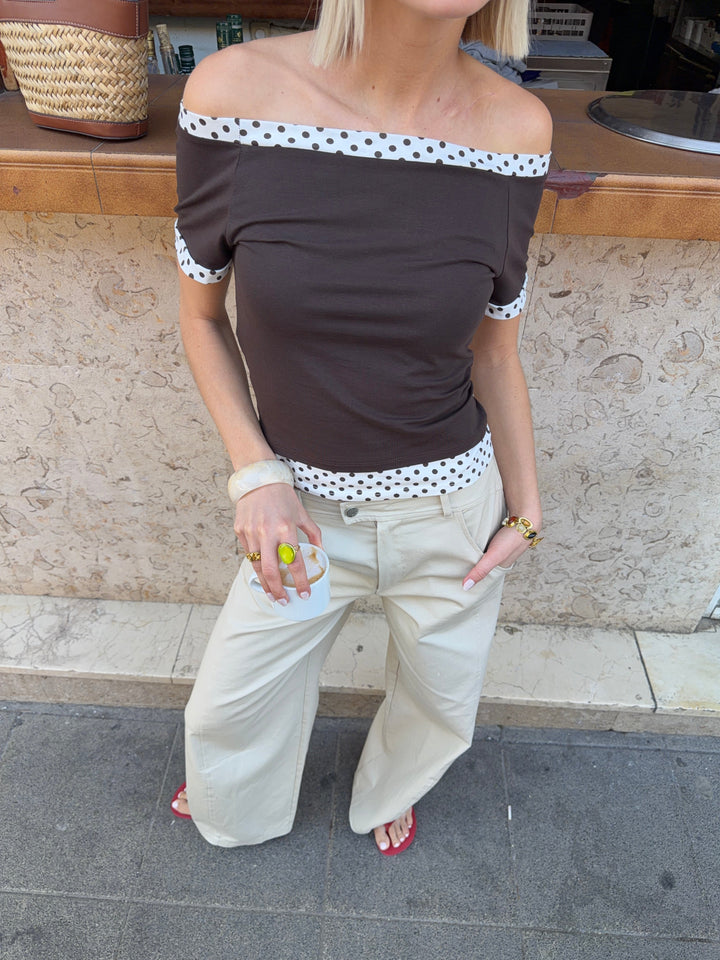 Vanja double layer off-the-shoulder t-shirt - Brown/white