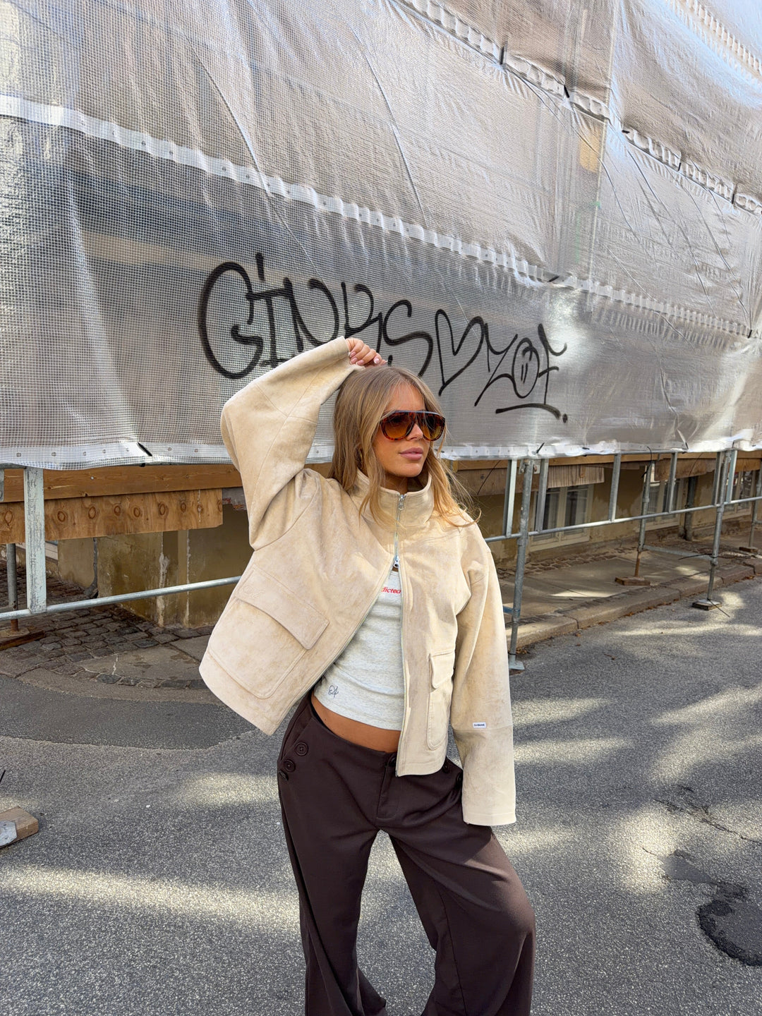 Leah high neck suede jacket - Beige